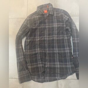Boss Gray and Black Plaid Button-Down Shirt with Orange Logo